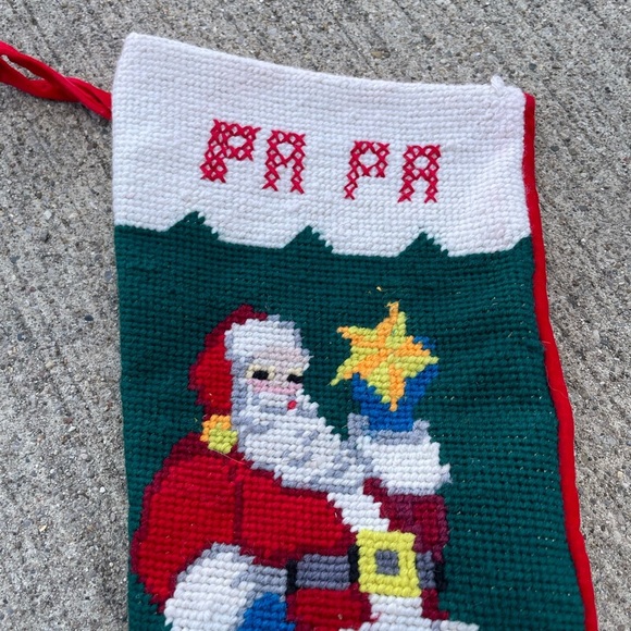 Vintage Needlepoint Cross stitch Tree Christmas Stocking Wool Velvet 20” Papa - Picture 2 of 4